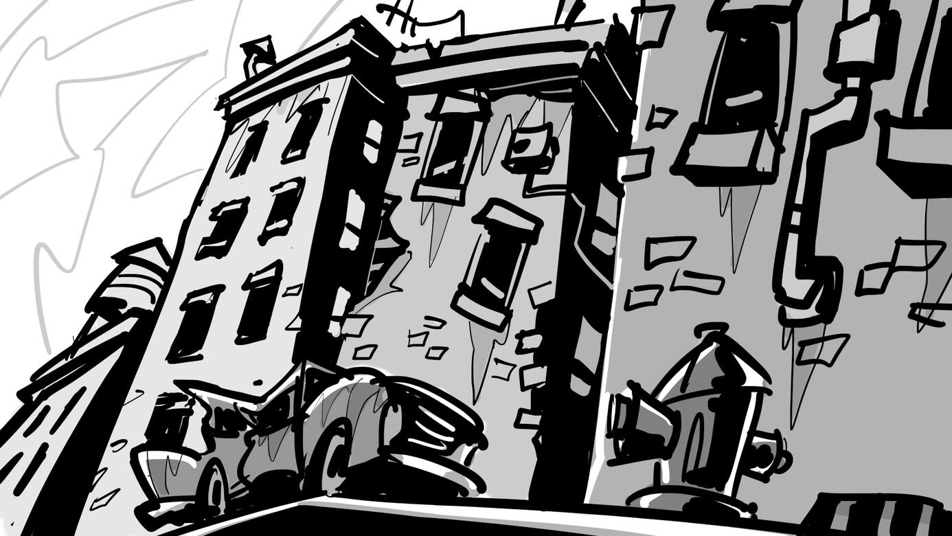 Opening cutscene apartment street view